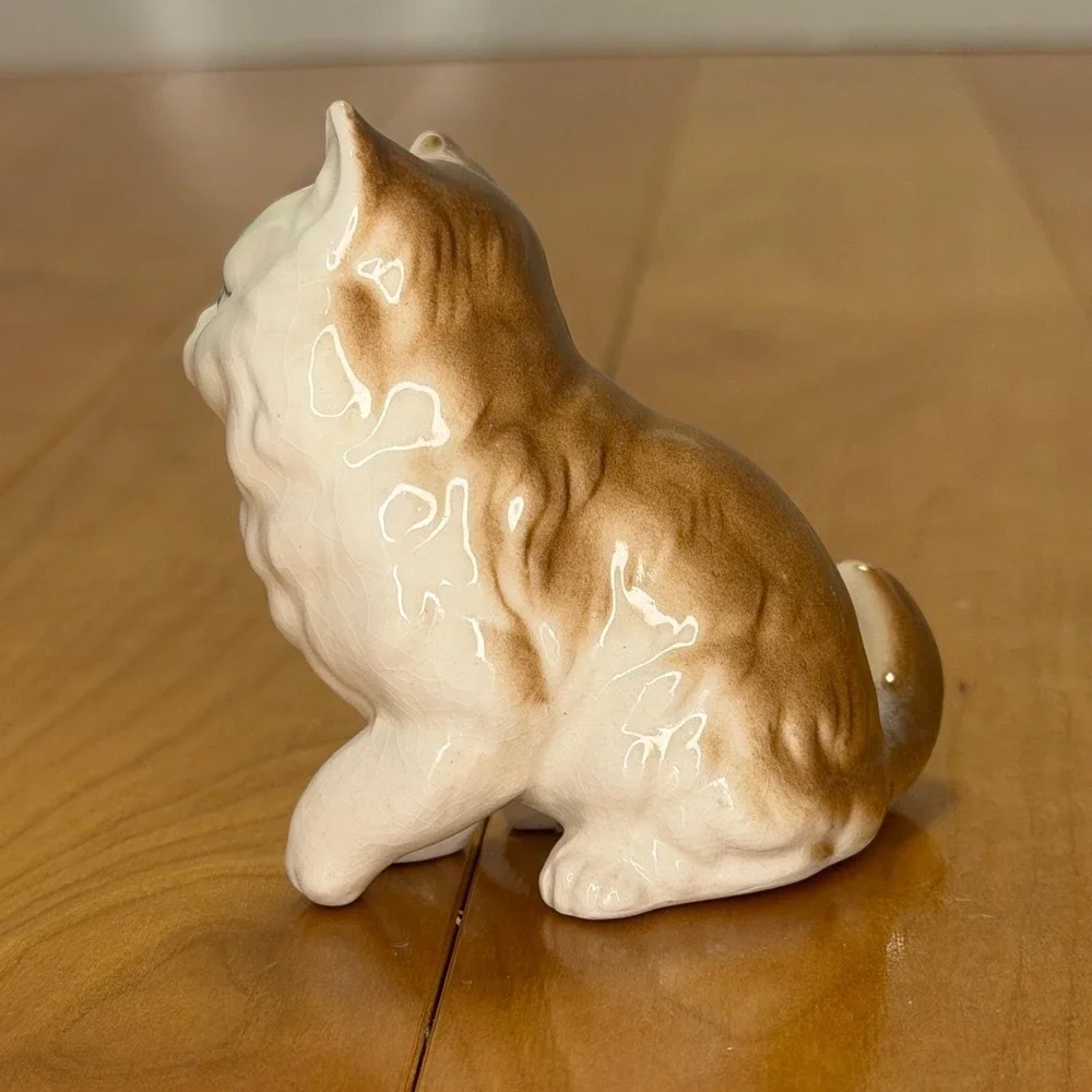 Vintage Ceramic Cat Figurine Miniature Persian Longhair Glossy Glaze Brown White